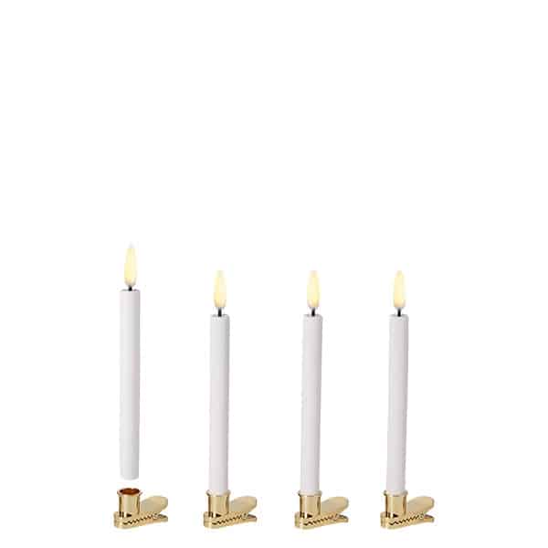 UYUNI LED 4-pak Juletræslys m. 3D flamme & guld-klips 14 cm (Nordic White)